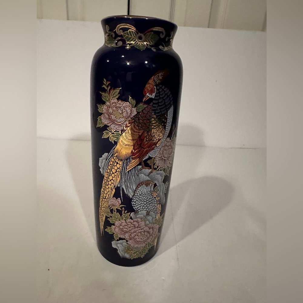 Japanese Kutani Style Pircelain Cobalt Blue Peacock Vase